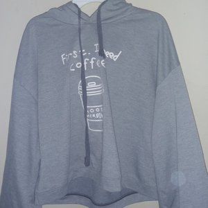 Grey Crop Hoodie Aesthetic First I Need Coffee Yidao Large